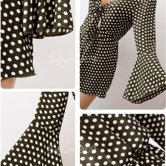 Last☝️Olive Khaki Polka Dot Tie Front Retro Romper - Picture 6 of 8